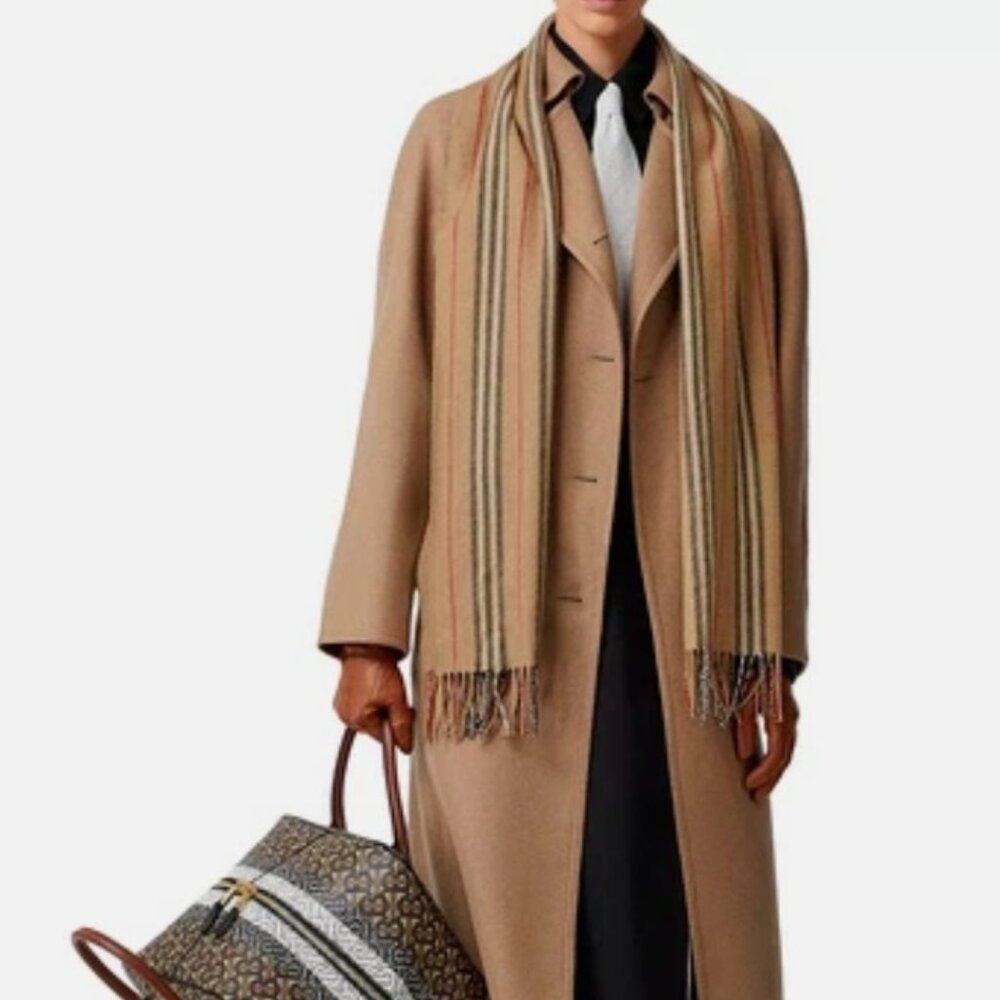 Burberry Women Unisex Icon House Stripe Cashmere Scarf, Beige Camel Tan NWT $470